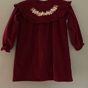 Christmas Corduroy Ruffled Dress with Gold Embroidery Lined 130 Sz 6-7 Girls